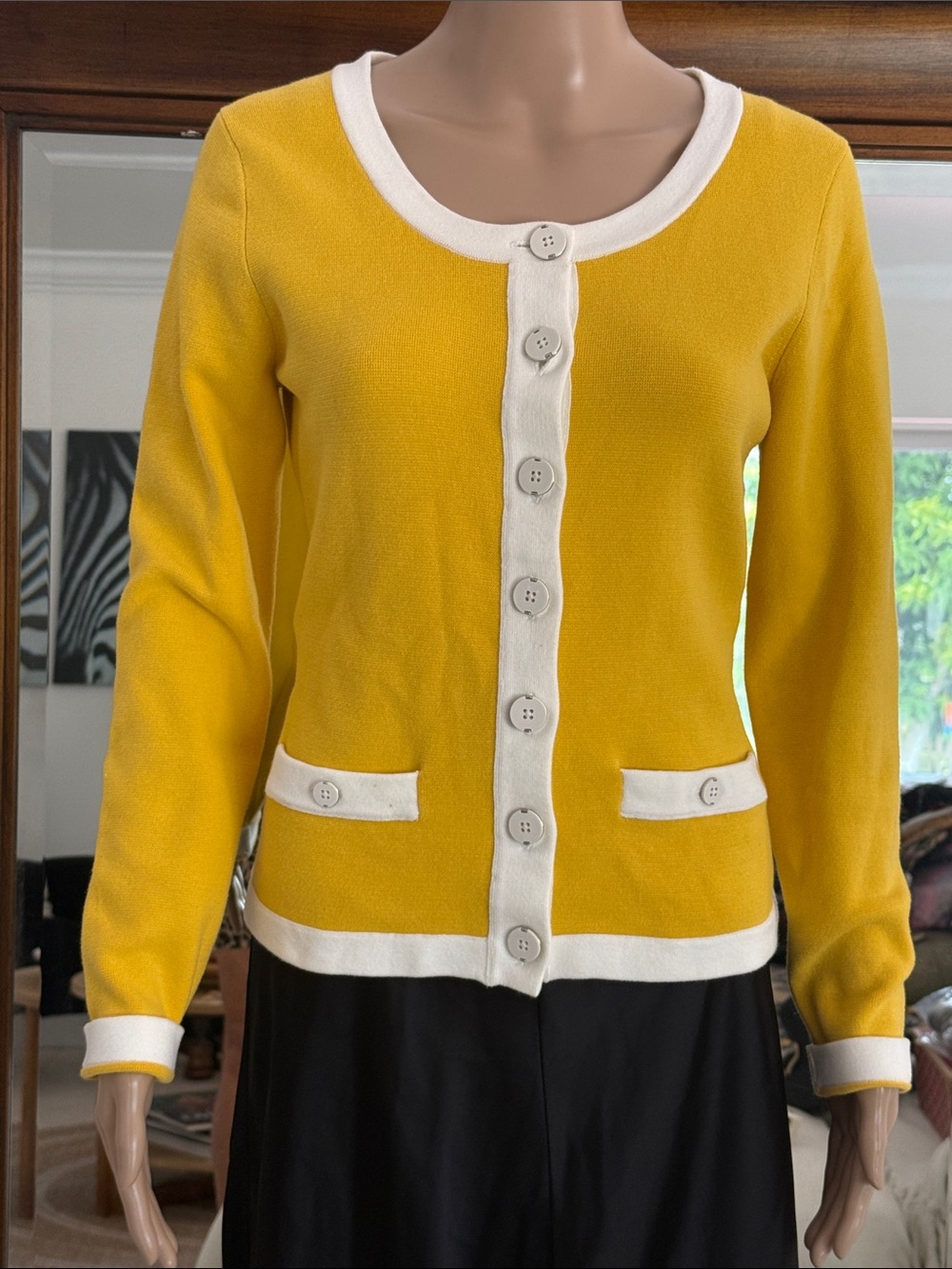 Banana Republic Contrast Trim Knit Cardigan Mustard Yellow White Medium